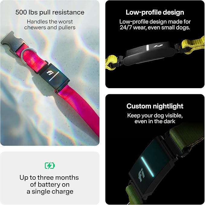 New Fi Series 3+ Smart Dog Tracker Collar [6 Month Membership Included] GPS Tracker for Dogs with Health & Behavior Monitoring, Escape Alerts, Waterproof, LED, Apple Watch Compatible (Pink, Medium)