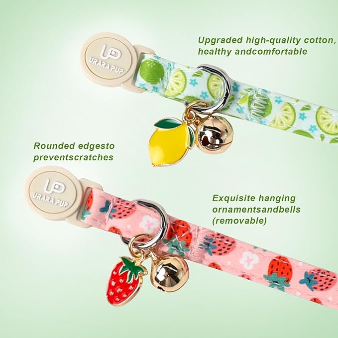 Cat Collar, 2Pack Summer Kitten Collars-Cute Lime and Strawberry Pendants-Breakaway Kitty Collars,Cat Collar with Bell, for Girl & Boy Cats