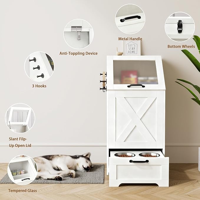 Dog Feeding Station with Storage Cabinet and 2 Elevated Dog Bowls, Hidden Pet Food Storage Organizer for Dog &Cat,Modern Dogs Furniture (White)