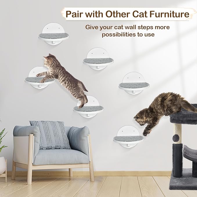 Cat Wall Shelves Furniture Set of 6, Wooden Cat Steps for with Scratching Pad, Sturdy Floating Climber Ladder Stairs, Cats Climbing Wall Systems for Cats Sleep Climb Play (White)
