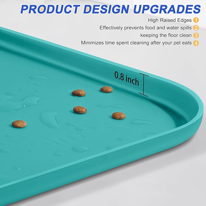 Silicone Pet Feeding Mat with Raised Edge for Food and Water, Dog Bowl Mats, Cat Bowls Placemat with High Lip for Floor Waterproof, Rubber Tray for Cats and Dogs 24 x 16 x0.8 Dark Turquoise
