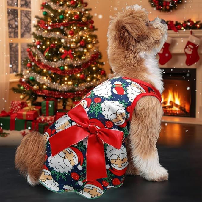 Pohshido Christmas Dog Dress, Winter Holiday Santa Claus Skirt with Cute Bow for Boys and Girls Small Pet Puppies Doggie