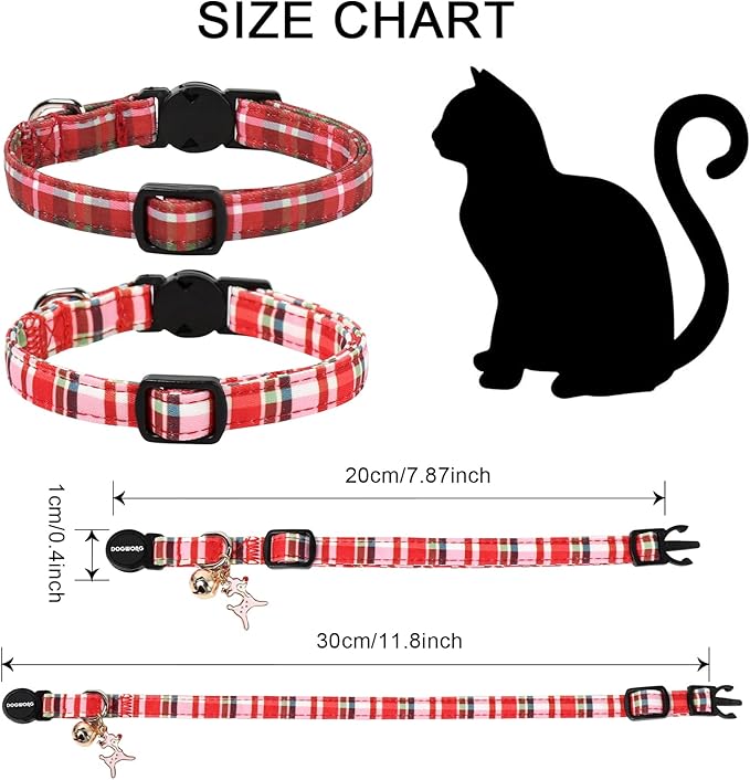 2 Pack Christmas Plaid Cat Collars Breakaway with Bell, DOGWONG Safety Buckle Red Plaid Cute Cat Collar for Girl Boy Cats，Adjustable 7-12 Inch