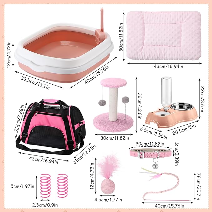Eccliy Kitten Starter Kit, 10 Pcs Cat Starter Kit for Indoor Cats Kitten Essentials Includes Litter Box, Pet Toy, Folding Carrier, Climbing Frame, Mat, Collar, Automatic Food Bow(Classic,Pink)