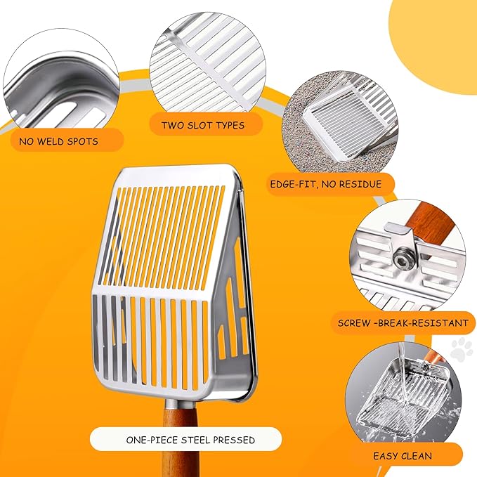 Rustproof & Unbreakable 304 Stainless Steel Metal Cat Litter Scoop with Holder Stand, One-Piece Pressed Design with No Welds, Easy Bottom Scooping, Reinforced Anti-Break Handle