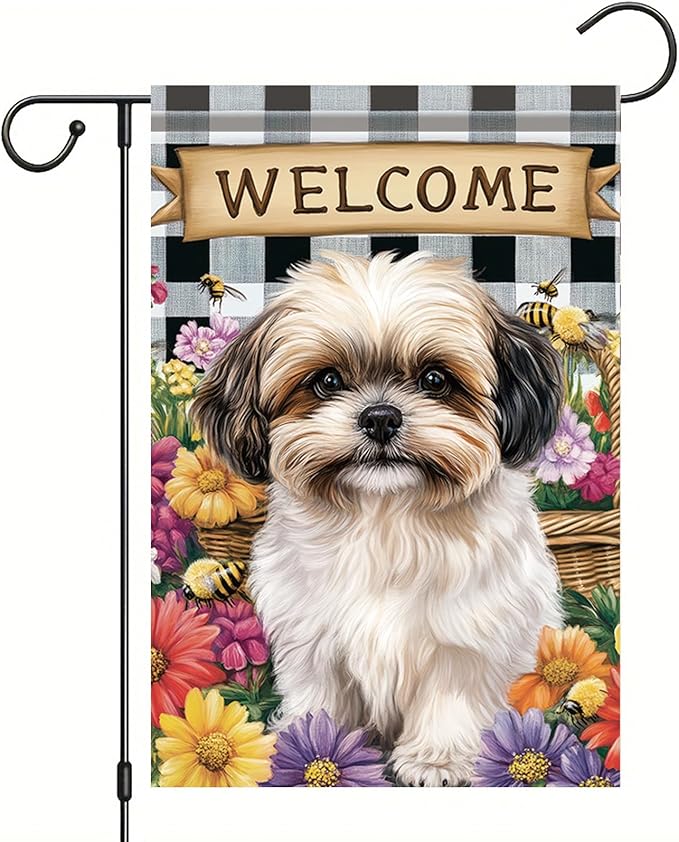 Spring Summer Garden Flag Shih Tzu Dog Flag 12x18 Inch Double-Sided Cute Puppy Yard Banner Buffalo Plaid Floral Outdoor Decor for Porch Lawn Pathway Dog Lover Housewarming