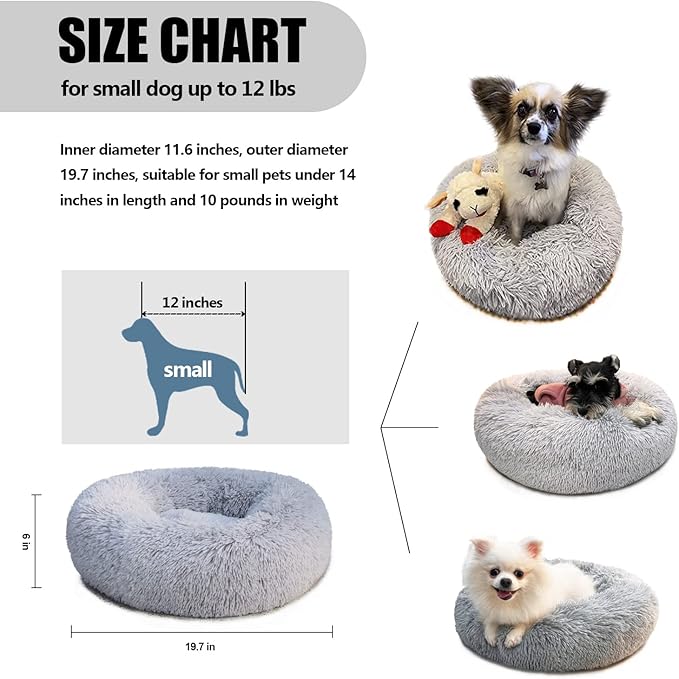 Calming Donut Dogs Beds for Small Dogs Washable,19inch Fluffy Round Puppy Bed for Puppies,Cats & Toy Breeds with Raised Rim,Fits up to 15 lbs Pets,Frost Grey