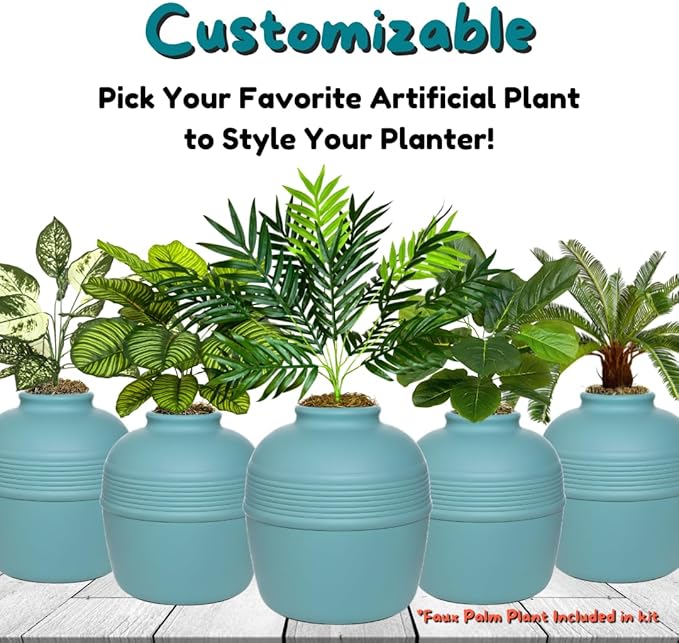 Good Pet Stuff Hidden Litter Box Planter, Decorative Cat Litter Enclosure with Carbon Filter, Artificial Plant, Easy Clean, Improved Design, Round Style, Base Kit, Coastal Blue