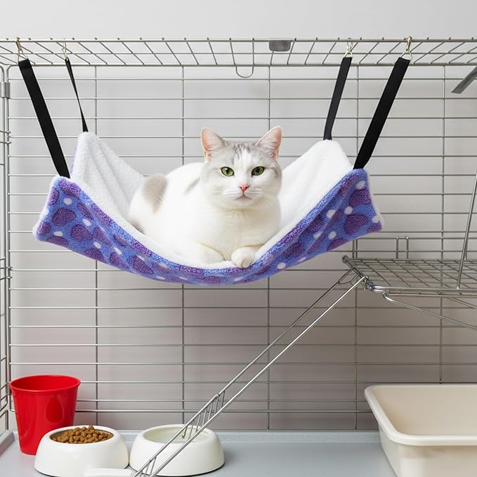 8 Pcs Reversible Cat Hammock Plush Ferret Hammock Hanging Bed with Straps and Metal Hooks Cage Accessories for Indoor Kitten Puppy Rabbits Feral Animals Rehab and Shelters(Heart Style)