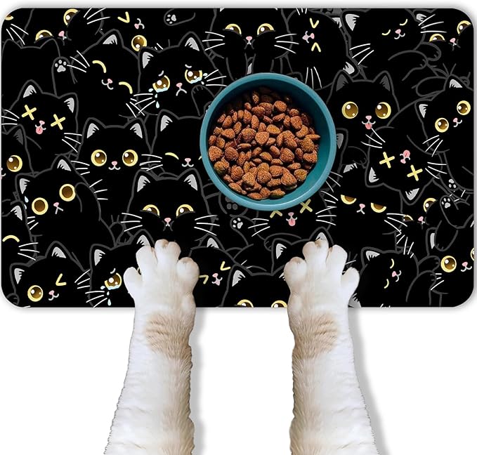 Cat Food Mat for Pet Dog Food Mat, Black Cat Absorbent Quick Dry Dog Bowl Mats for Food and Water, Non-Slip Cat Pet Feeding Mats for Floor Placemats 12"x20"