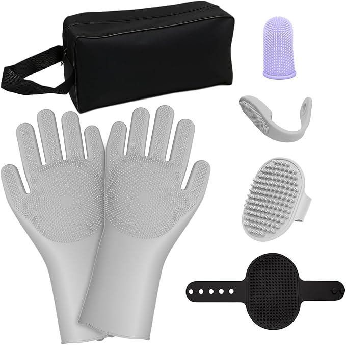 7PCS Pet Grooming Kit for Dogs and Cats，with Storage Bag & Includes Dog Washing Gloveswith High-Density Teeth, Adjustable Handle Dog Shampoo Brush, Dog Finger Toothbrush (Gray)