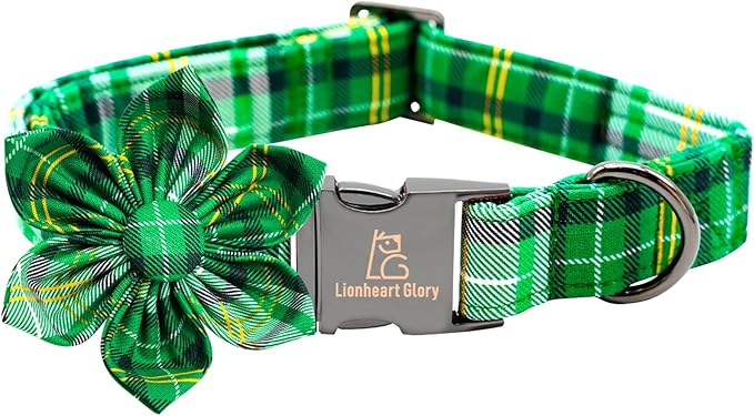 Lionheart glory St. Patrick's Day Dog Collar with Flower Dog Collar for Large Dogs, Green Plaid Cute Collars Spring Dogs Collars Flower Puppy Heavy Duty Cute
