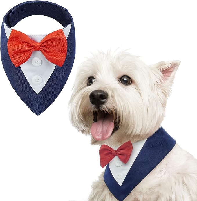 FUAMEY Dog Tuxedo for Small Dogs,Dog Formal Suit Dogs Attire Pet Bow Tie Puppy Party Costumes Cat Tux Outfits Pets Bandana Cosplay Adjustable Bowties Wedding Birthday Valentines Blue XS