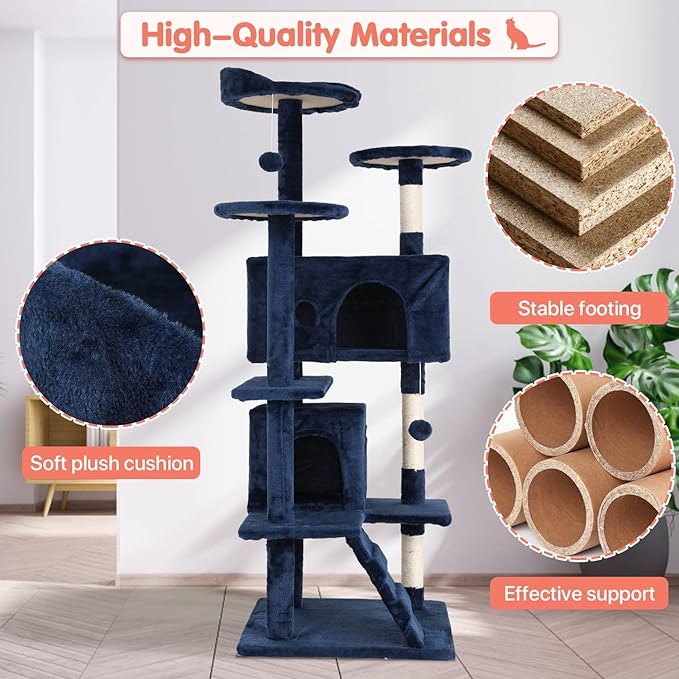 54in Cat Tree Cat Climbing Tower with Scratching Post, Cats House Perch Kitten Tree Condo Wood Playhouse, Pet Trees Tower for Indoor Cats, Navy Blue