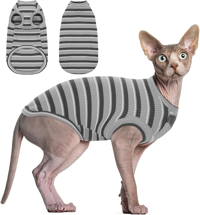 BRKURLEG Hairless Cats T Shirt, Cat Sweaters, Pullover Kitten Shirts, Sleeveless Round Collar Cotton Vest for Cornish Rex Devon Rex Peterbald and Small Dogs Sweater(Grey Stripes, XL)