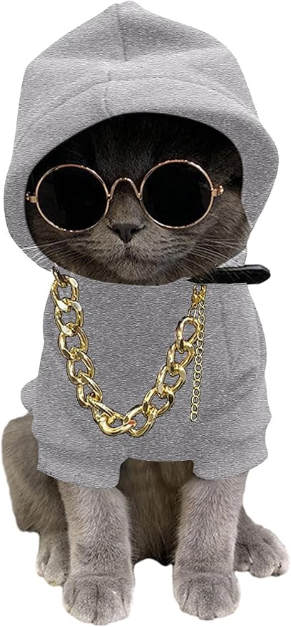 QWINEE 3Pcs Dog Hoodie Cat Apparel Dog Custume Set with Necklace and Sunglasses Pet Clothes for Puppy Small Medium Dogs Cats Grey XL