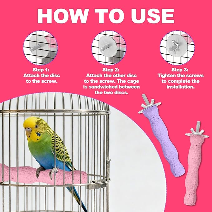 2pcs Bird Beak Grinding Stone, Resin Anti-Slip Beak Grinder Stone Bird Nail Trimming Claw Trimmer Perches Parrot Cage Stand Toys for Budgie Cockatiel Conure Parakeet Cage Accessories (Pink, Purple)