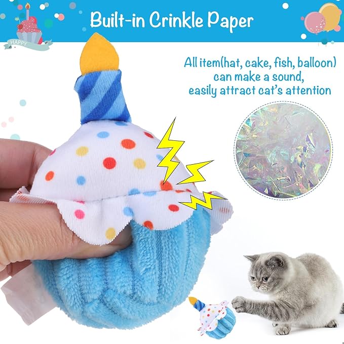 BINGPET Cat Birthday Catnip Toys for Indoor Cats, 5 Pcs Cat Birthday Gift Kitten Interactive Toys for Boy Girl Cats, Soft Plush Catmint Kitty Chew Kick Toy, Hat, Bandana, Balloon, Cake, Fish, Sky Blue
