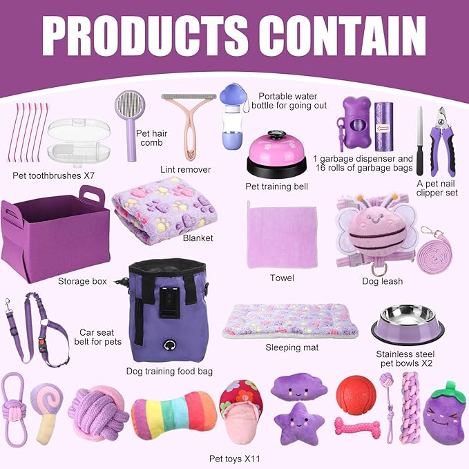 Abbylike 50 Pcs Puppy Supplies Starter Kit for Small Dogs Puppy Essentials Includes Leash, Bowls, Teeth Brushes, Water Bottle, and More Accessories for Dogs Pet Day Welcome Gift(Purple)