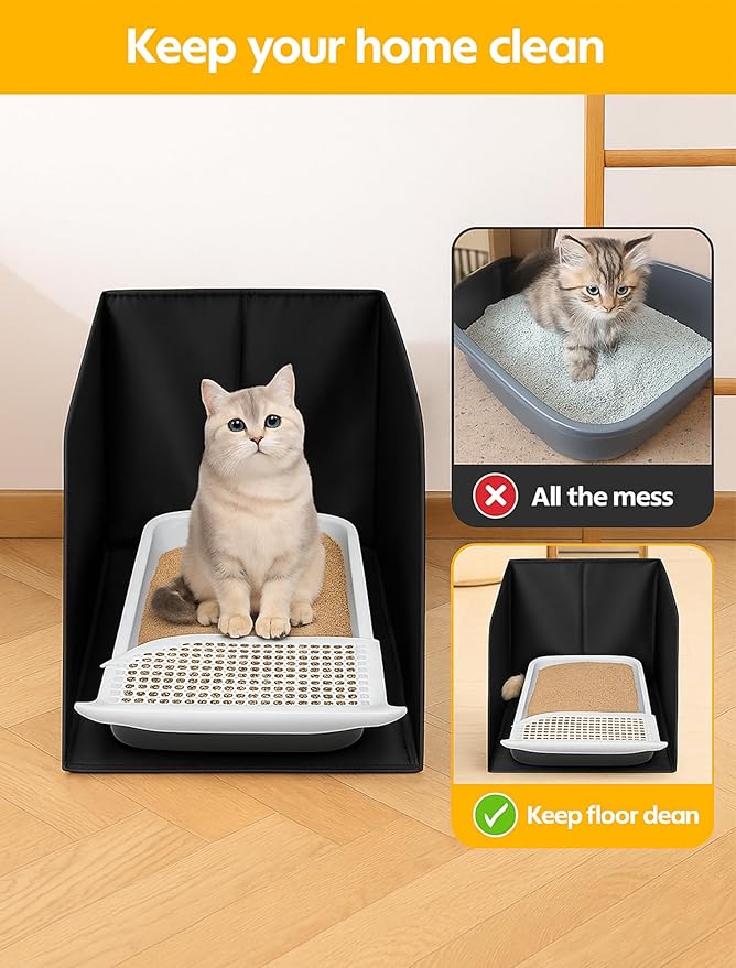 Waterproof Cat Litter Box Enclosure Splash Guard with Removable Mat, Cat Box Enclosure with 2 Hooks for Scoop, Anti-Leakage, Dust Control, Easy to Clean-24.02 x 16.14 x 16.14 inches-Black