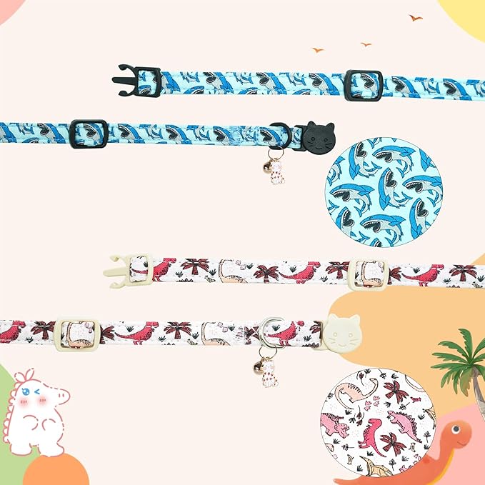 Cat Collar-2 Pack Collars Dinosaur & Shark Cat Collar Breakaway with Kitten and Bell Pendant Safety Buckle Pet Collar Cute Cotton Collar for Cats Gift and Small Pets