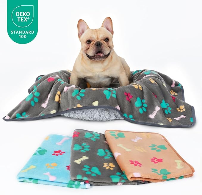 Luciphia 1 Pack 3 Blankets Fluffy Premium Fleece Pet Blanket Flannel Paw Printed Throw for Dog Cat(Medium 30x20'', Grey/Brown/Blue)