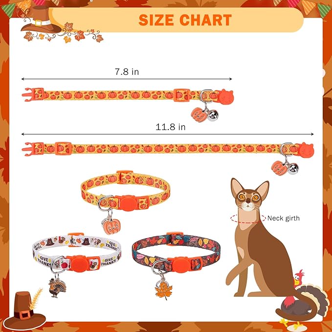 SCENEREAL Fall Thanksgiving Cat Collar Breakaway Girl Boy, Safety Buckle Soft Adjustable Cats Collars with Bells for Daily Wearing, Holiday Kitten Puppy Personalised Collars for Dogs