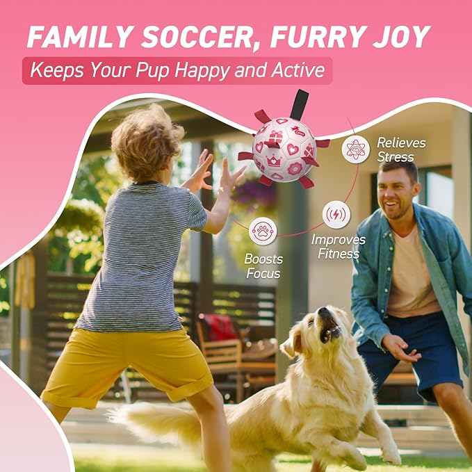 QDAN Valentines Gift Dog Toys, Pink Soccer Ball with Straps, Interactive Tug of War Toy, Puppy Birthday Gifts, Water Toy, Durable Dog Balls for Medium Large (8 Inch)
