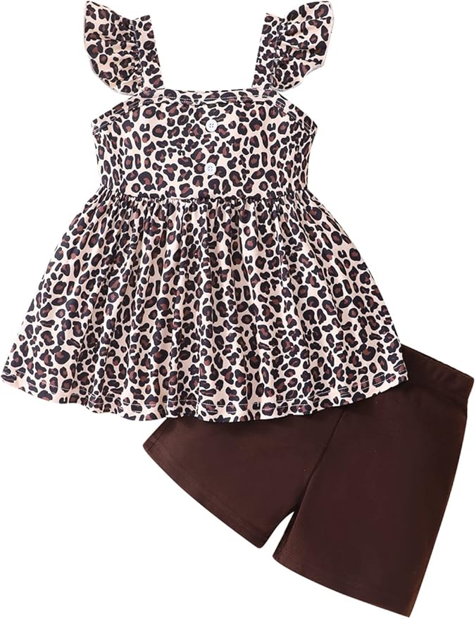 Toddler Baby Girls Summer Clothes Outfits Ruffled Sleeve Dinosaur Shirt Leopard Tops and Shorts Pants Sets 2PCS