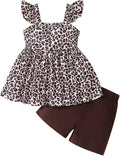 Toddler Baby Girls Summer Clothes Outfits Ruffled Sleeve Dinosaur Shirt Leopard Tops and Shorts Pants Sets 2PCS