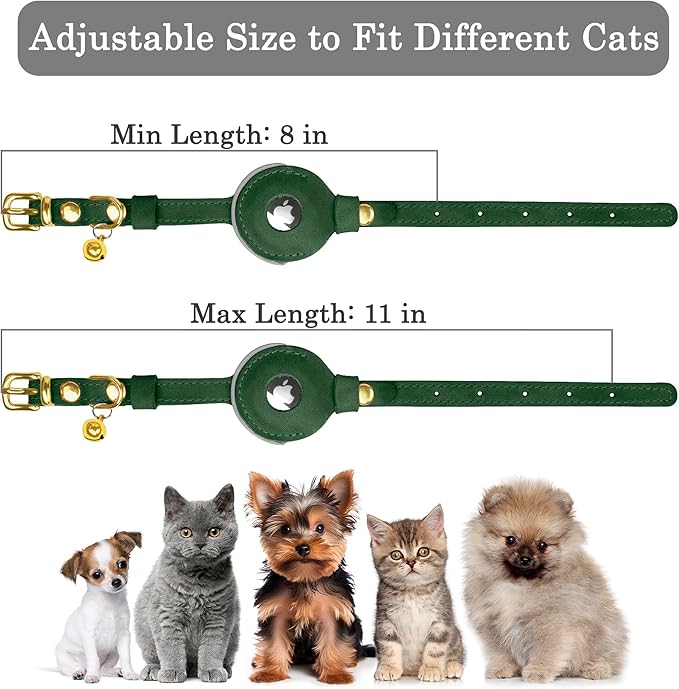 OOPSDOGGY Reflective Leather AirTag Cat Collar with Bell - Non Breakaway Adjustable Pet Collar with Apple Air Tag Holder - Lightweight GPS Kitten Collars for Small Dogs Puppy Girl Boy (Green)