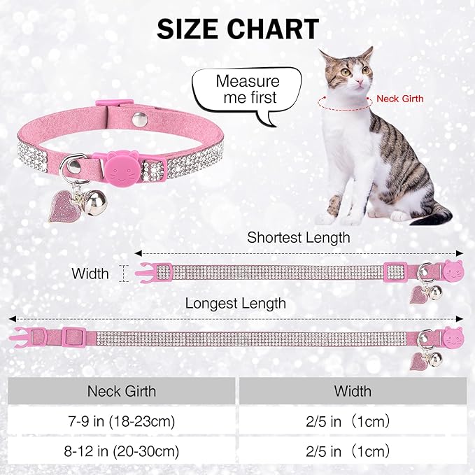 Rhinestone Cat Collar Breakaway with Bell, Diamond Cat Collar with Safety Buckle Quick Release for Girl Boy Small Kitten Pets Puppy,Cute Soft Female Male Cat Collars, Color Pink 7-9"