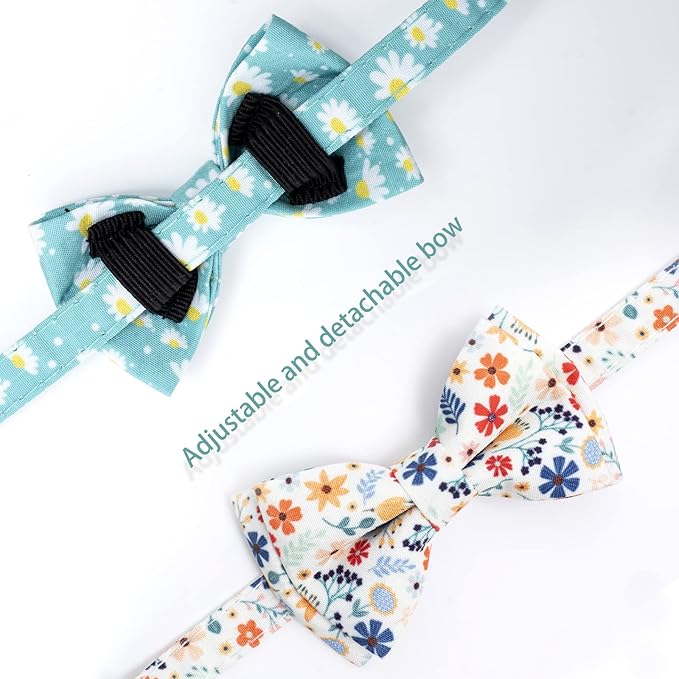 Faygarsle 2 Pack Cotton Designer Breakaway Cats Collar with Bow Tie and Bell Cat Collars for Girl Female Cat Collar with Bell Collars for Cats Flower Pattern