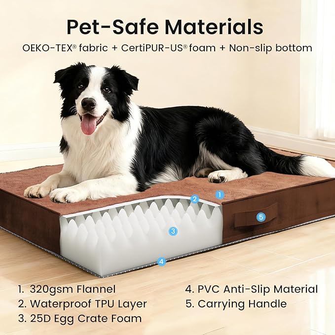 OhGeni Orthopedic Waterproof Dog Bed for Medium Large Dogs, Machine-Washable Removable Cover in Easy-Clean Fabric, High Density Foam & Easy-Carry Handle, Wider and Larger, 36 inch (Brown)