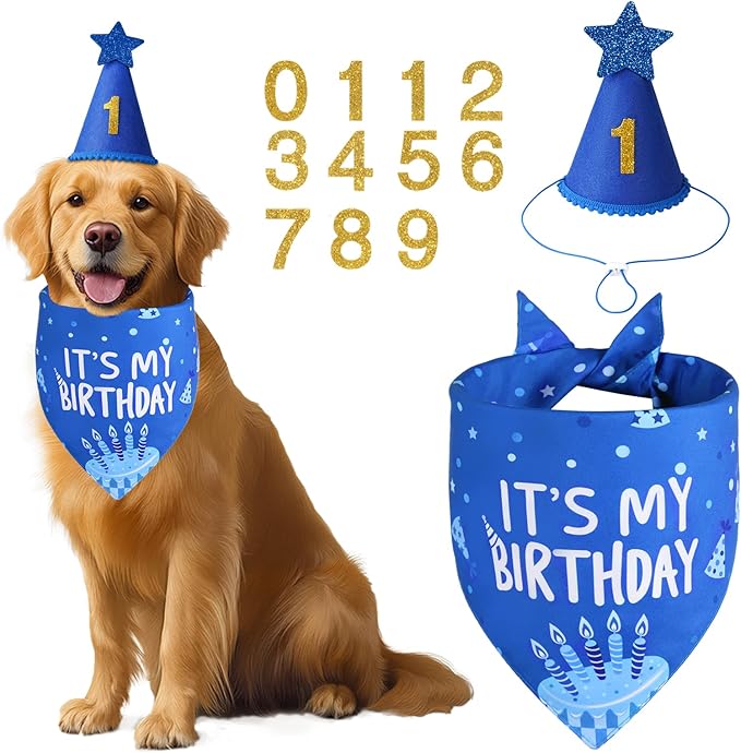 Dog Birthday Party Supplies, Blue Dog Birthday Set with Hat Bandana Numbers for Large Medium Boy Pets Puppy