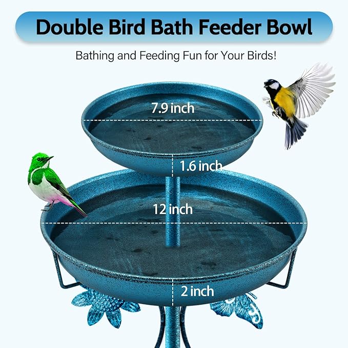Daoeny Bird Bath for Outside, 42In Vintage Freestanding Birdbaths for Outdoors, Double Metal Bird Bath Feeder Bowls for Garden Patio Yard Lawn Decor, Upgraded 5-Pronged Base (Blue)