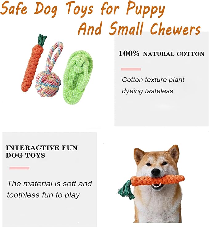 3PCS Natural Cotton Rope Toys for Small Dogs and Puppies, Dog Dental Care Chew Toys for Teething, Anxiety Relief,Helps Clean Teeth & Prevent Furniture Destruction(Slipper Set)