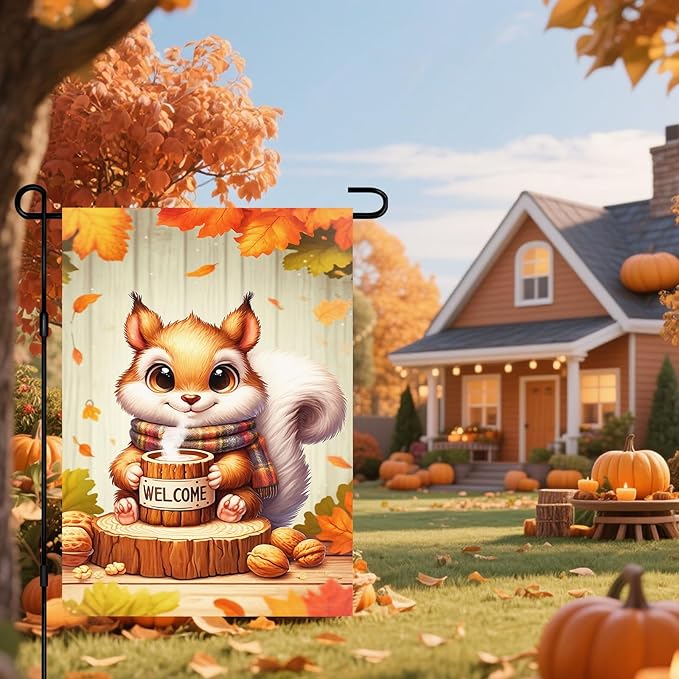 Fall Everyday Garden Flag 12x18 Inch Cute Red Squirrel with Hot Cocoa and Welcome Sign, Yard Flag Double Sided for Outdoor Fall Porch