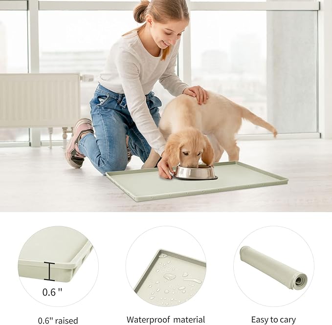 Dog Food Mat,Silicone Waterproof Food Tray,Non Slip Pet Bowl Mats Placemat,0.6" Raised Edge,Suitable for Most Small and Medium Sized Pets,18.5" x 11.5"