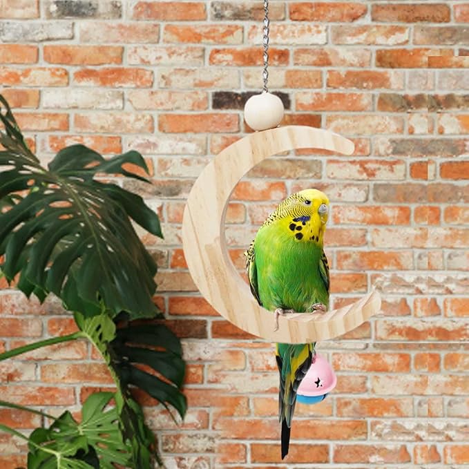 Parakeet Wood Swing Moon Shaped Hanging Ring Bird Branch Chew Parrot Toys (Large)