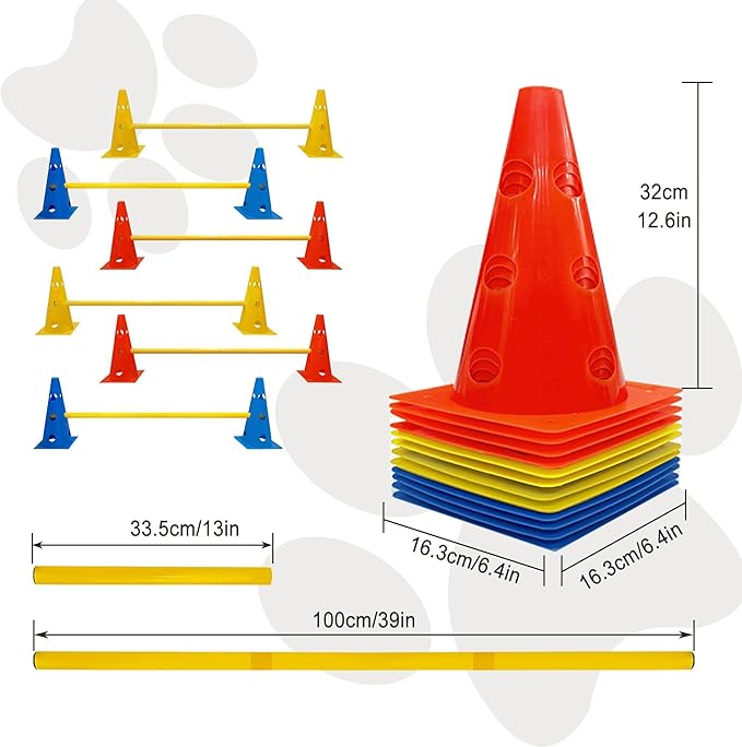 Dog Agility Hurdle Cone Set, Dog Agility Set Include 12 Agility Cones 6 Agility Rods, Dog Agility Equipment with Carry Bag(Blue+Orange+Yellow)
