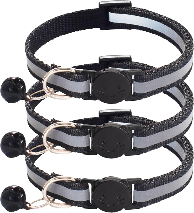 3 Pack Reflective and Breakaway Cat Collars with Bells，Adjustable Kitten Collars from 7.5 to 12.5 Inches, Ideal of Kitten Collar, Suitable for Girls and Boys (Black)