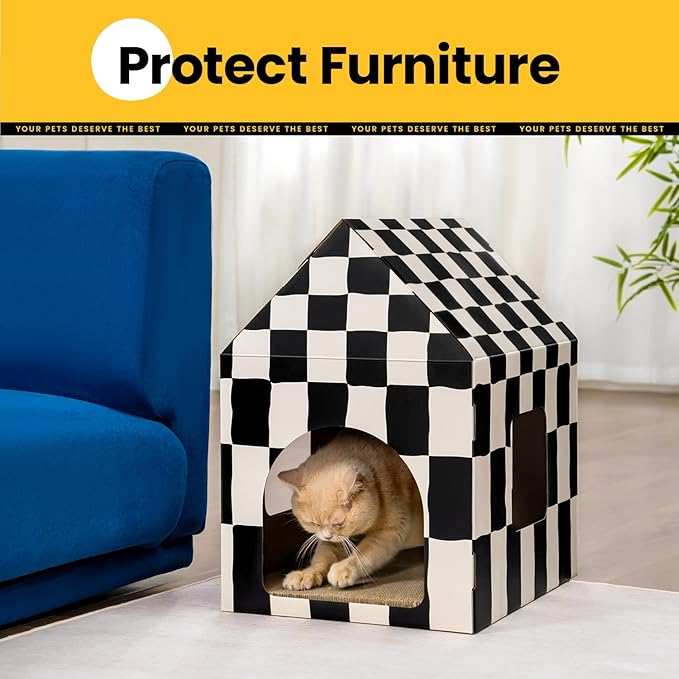Cardboard Cat House with Scratch Pad & Catnip, Cat Play Scratching House for Indoor Hideaway Furniture, Heavy Duty Sturdy Cardboard Scratcher, Easy to Assemble Birthday Gift, Large