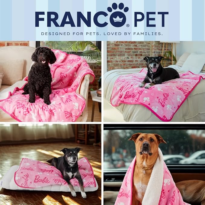 Franco Pet Barbie Super Soft Cozy Waterproof Sherpa-Backed Blanket Throw for Medium Dogs, Couch/Bed/Car, 40x50 (Officially Licensed Product)