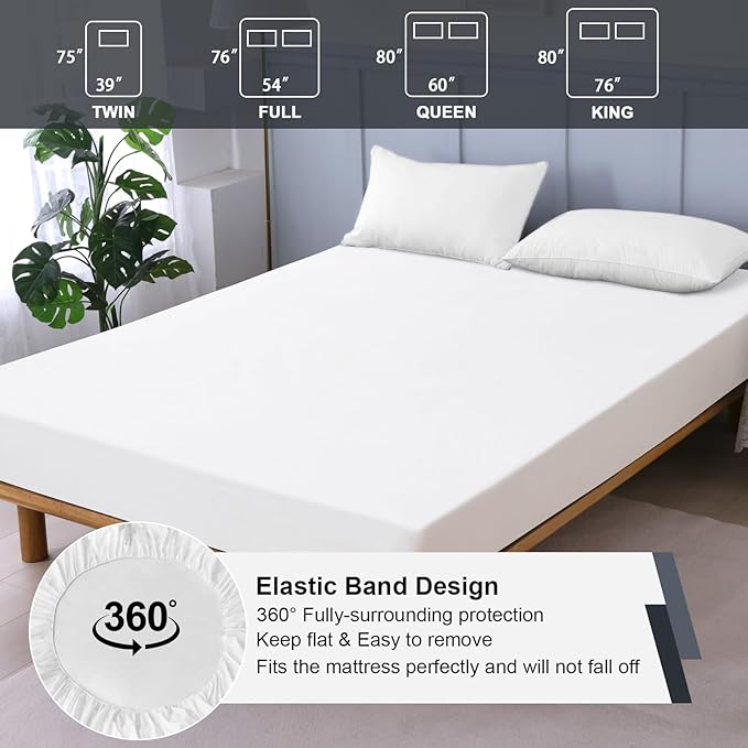 Waterproof Mattress Protector Queen, Fitted Sheet Style Breathable Mattress Cover with Deep Pocket Fits Up to 18'', Noiseless Bed Cover for Kids Adults Pets, Machine Washable (White, 60'' X 80'')