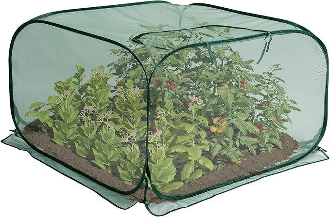 35" x 35" x 27.5" Pop Up Mesh Plant Cover, Foldable Plant Protector Mesh Plant Enclosure, Garden Net Cage Guard Cover with 4 Ground Stakes for Protecting Plant Vegetable Fruit from Birds Insects