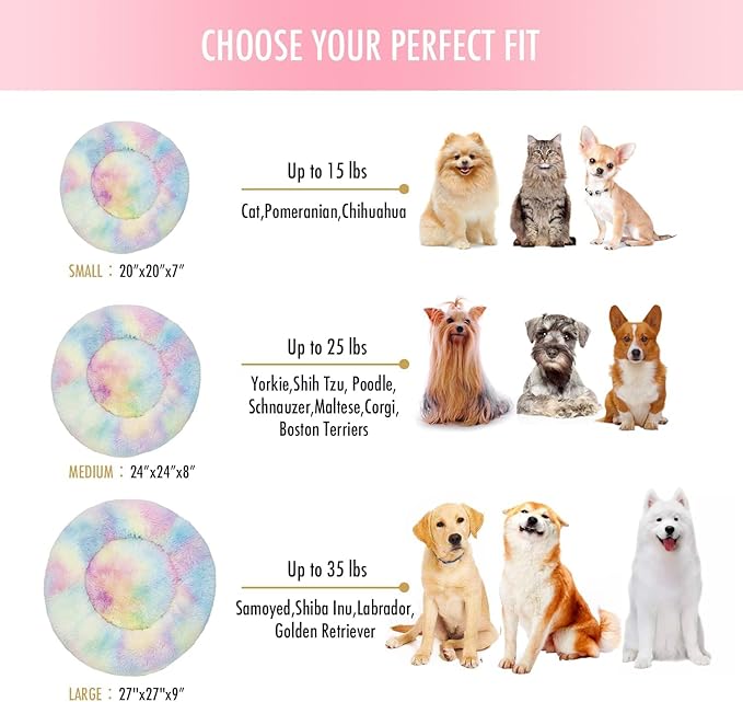 Cat Bed for Indoor Cats and Small Medium Dogs - Washable 20/24 Inches, Anti-Anxiety Round Fluffy Plush Faux Fur, Thick Bottom (Rainbow, Medium)