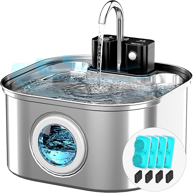 Wireless Cat Water Fountain Stainless Steel with 4 Filters & 4 Sponges, 3.2L/108oz Battery Operated Pet Fountain, Cordless Pet Water Dispenser for Cats and Dogs