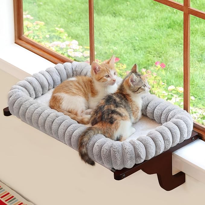 Zakkart SnugCloud Cat Window Perch with 4-Sided Bolster - Large Cat Hammock for Window Sill - Solid Hardwood & Metal Frame - Window Seat for Pets (Dark Stained Wood w/Gray Bed, Large)