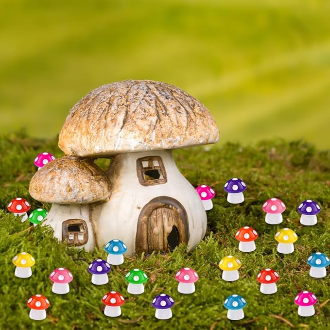 DIYDEC 100pcs Mini Resin Mushroom 8 Colors Small Mushrooms Figures Tiny Resin Mushrooms Plastic Little Miniature Mushrooms Bulk for Dollhouse Decor Micro Fairy Garden Landscape Aquarium Tiny Toys